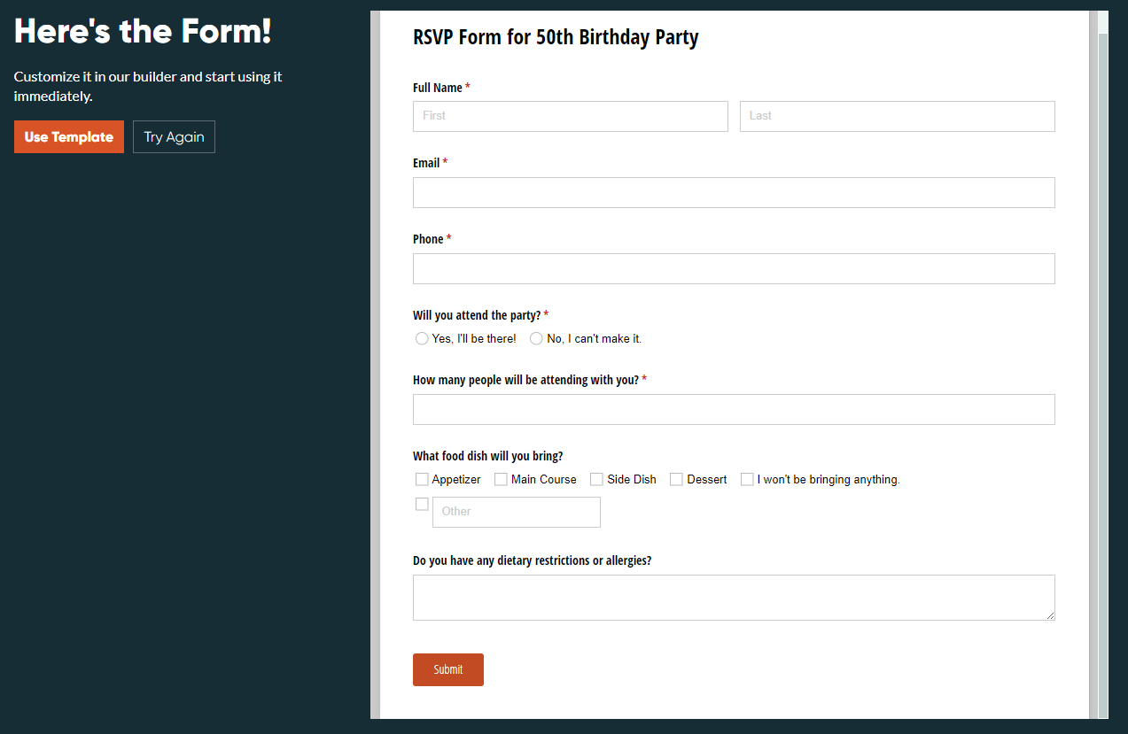 AI generated RSVP birthday party form.