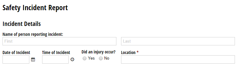 Different sized fields in a Safety Incident Report placed together on the same row.