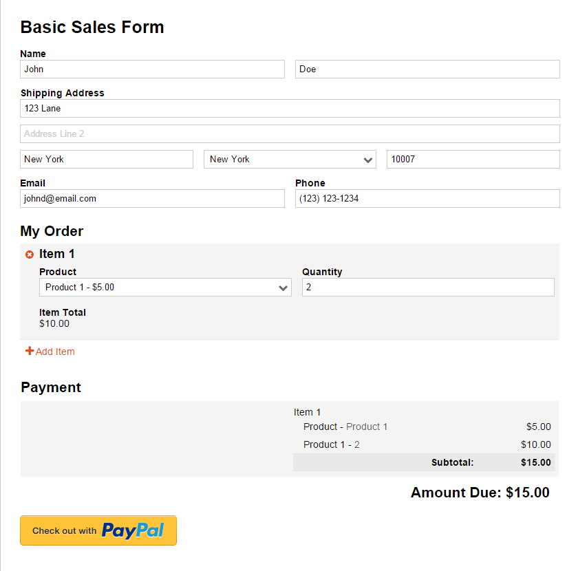 Basic Sales Form with PayPal Payments.