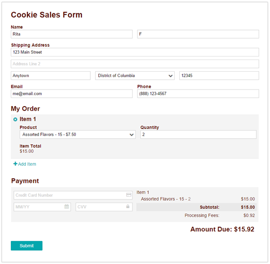 A sample form where users can sell cookies online.