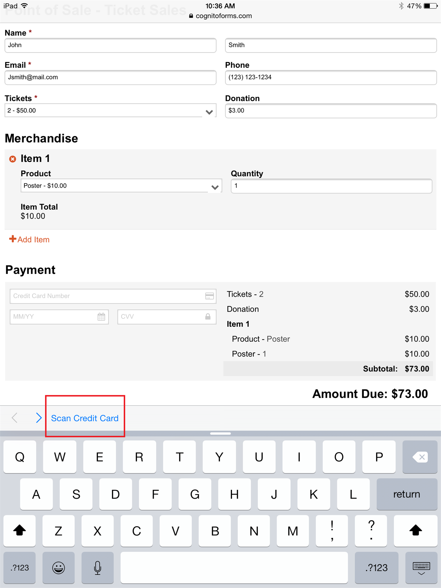 You can scan credit cards directly into your payment form with iOS 9 card scanning abilities.