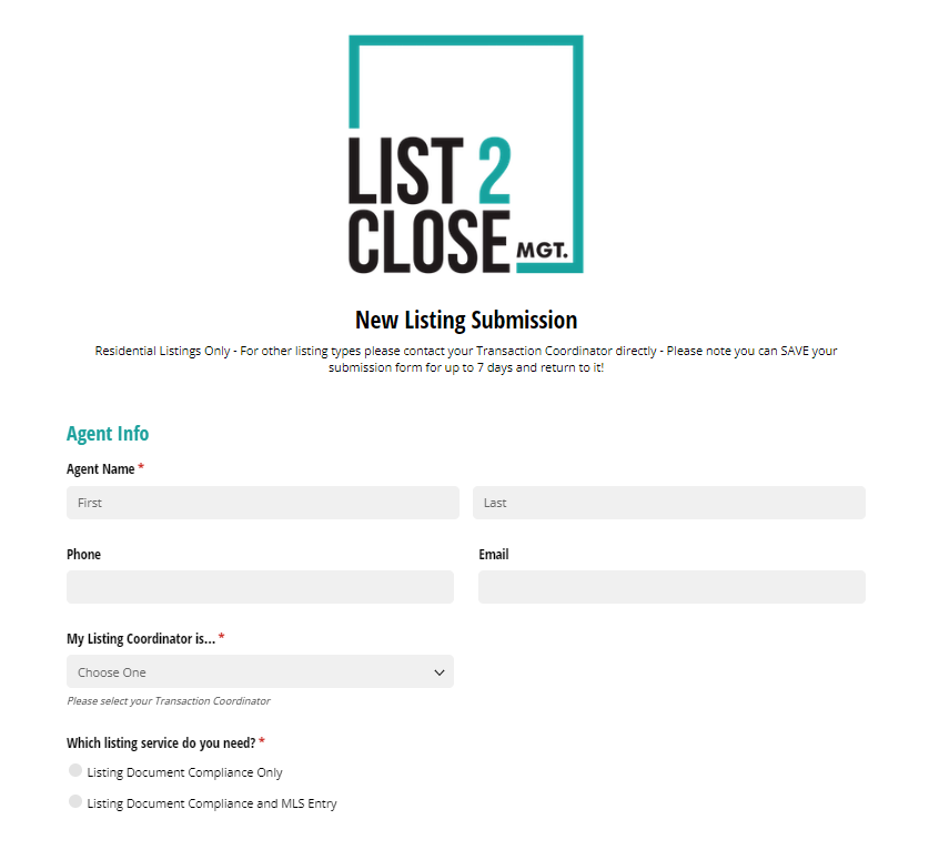 List2close new listing submission form.