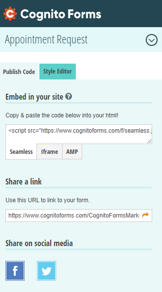 Appointment request form with embedded link and option to share the link or share on social media.