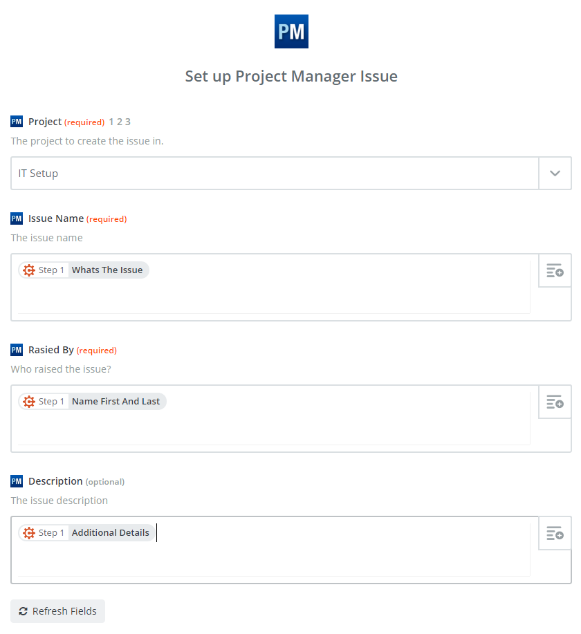 Set up Project Manager issue in Zapier.