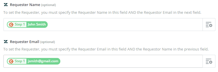 Mapping the requester name and requester email fields in Zapier.