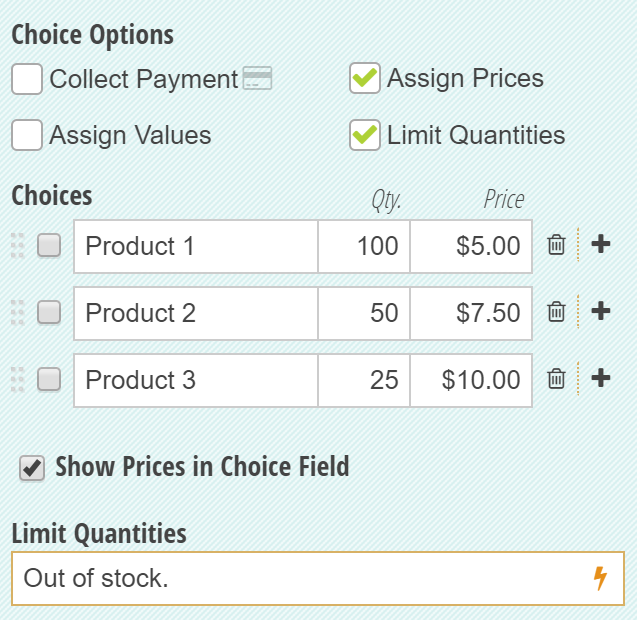 Setting quantity limits on choice field.