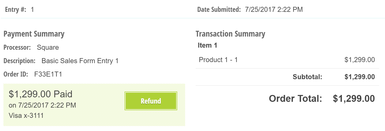 Square payment summary on the Entries page.