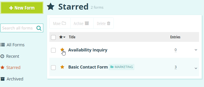 Starred Cognito Forms page.