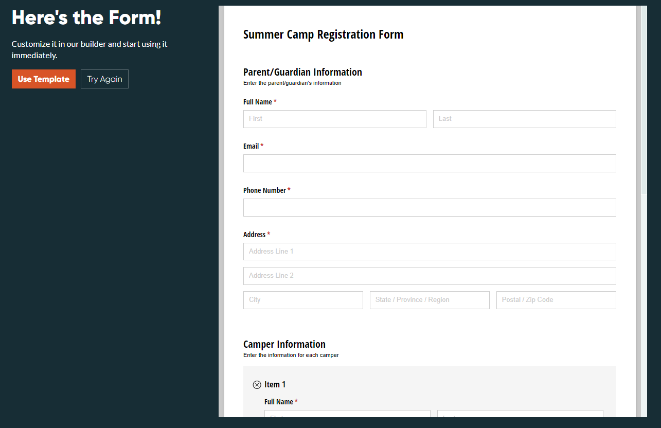 AI generated Summer Camp Registration Form.