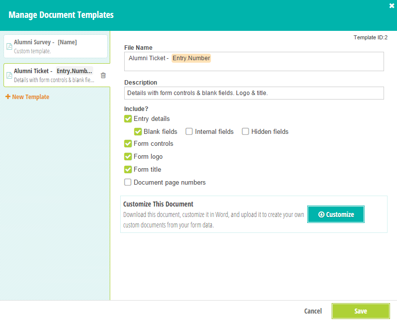 The Manage Document Templates menu keeps track of your templates and allows you to download custom merge documents.