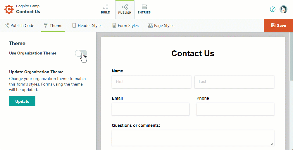 Cognito Forms build page showing organization themes button applied to a form.