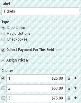 A choice field with list options and pricing.