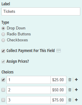 Choice field with drop down selecting amount of tickets and their assigned prices.