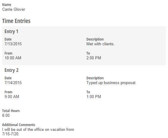 Timesheet form entry