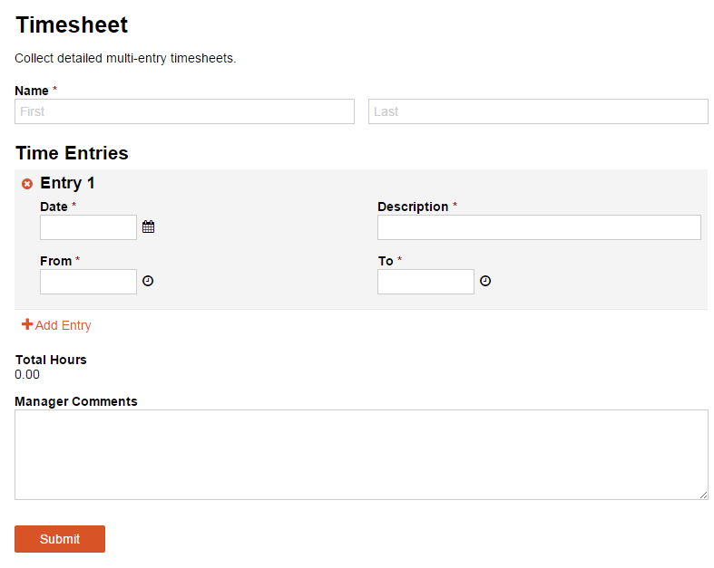 Timesheet template with time entries and total hours.