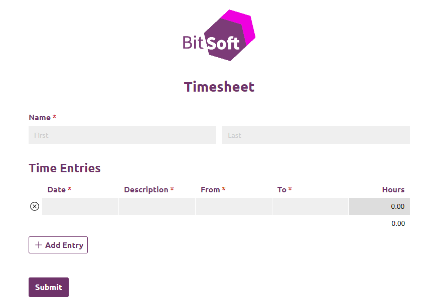 BitSoft employee Timesheet form.