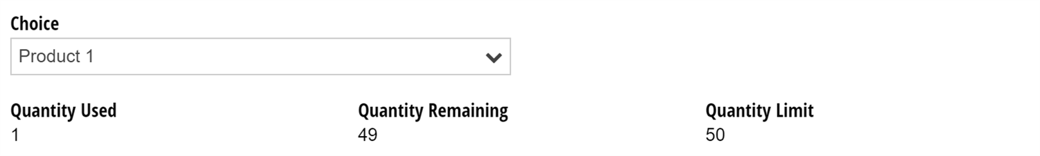 Choice field for products with quantity use, quantity remaining, and quantity limit.