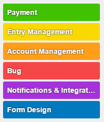 Categorized features, payment, entry management, account management, bug, notifications and integrations, and form design.