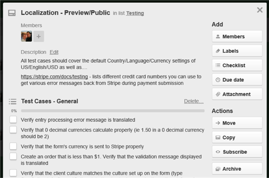 Trello Localization and test cases page.