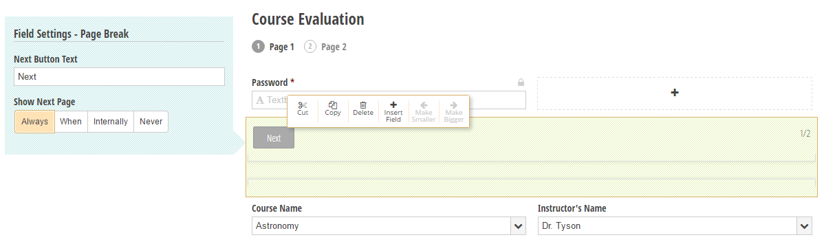 Course Evaluation with a page break added to it.