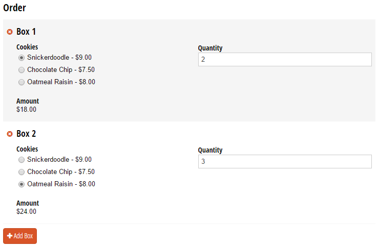 Box of cookies order form with cookie types and their assigned prices.