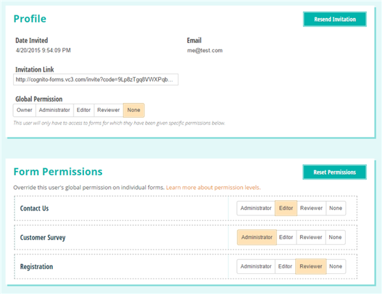 Cognito Forms user profile and form permissions.