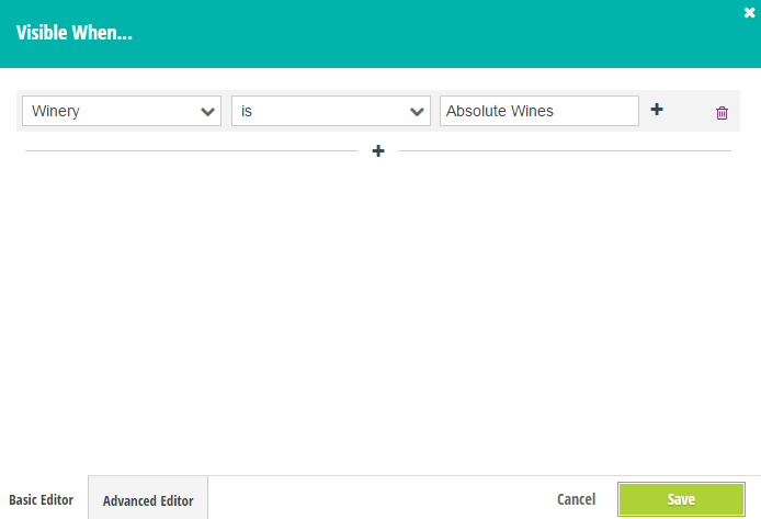 The conditional logic builder, which can show and hide fields under specified conditions.