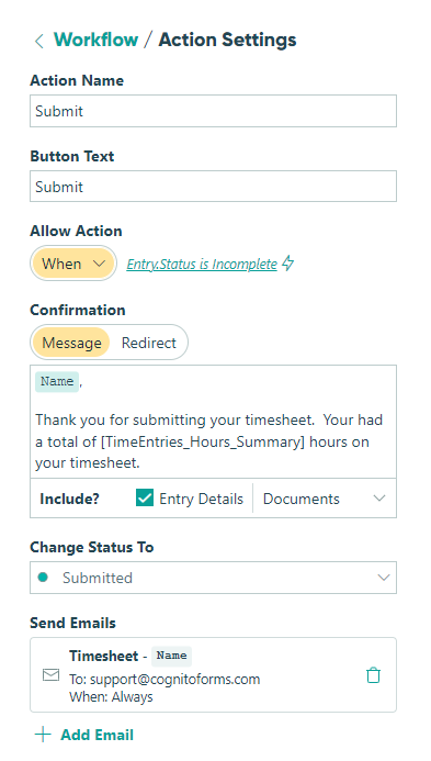 Workflow Action Settings with action name, button text, and confirmation message.