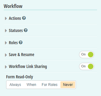 Workflow menu containing actions, statuses, roles, save and resume, and workflow link sharing.