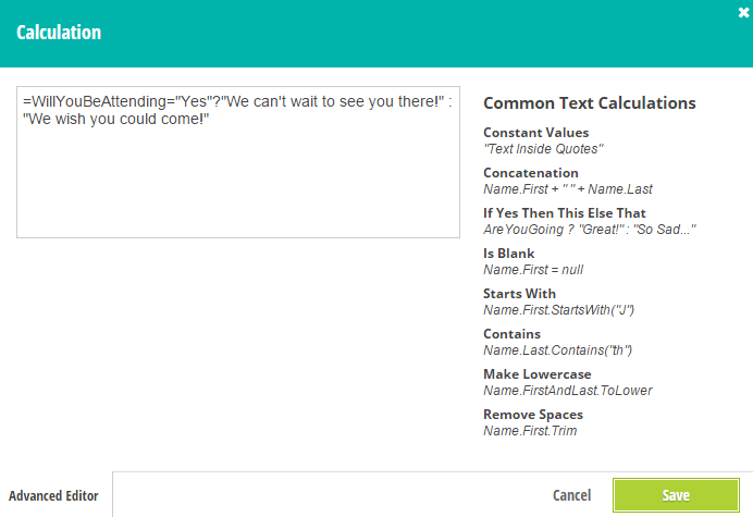 Calculation that conditionally displays a confirmation message.