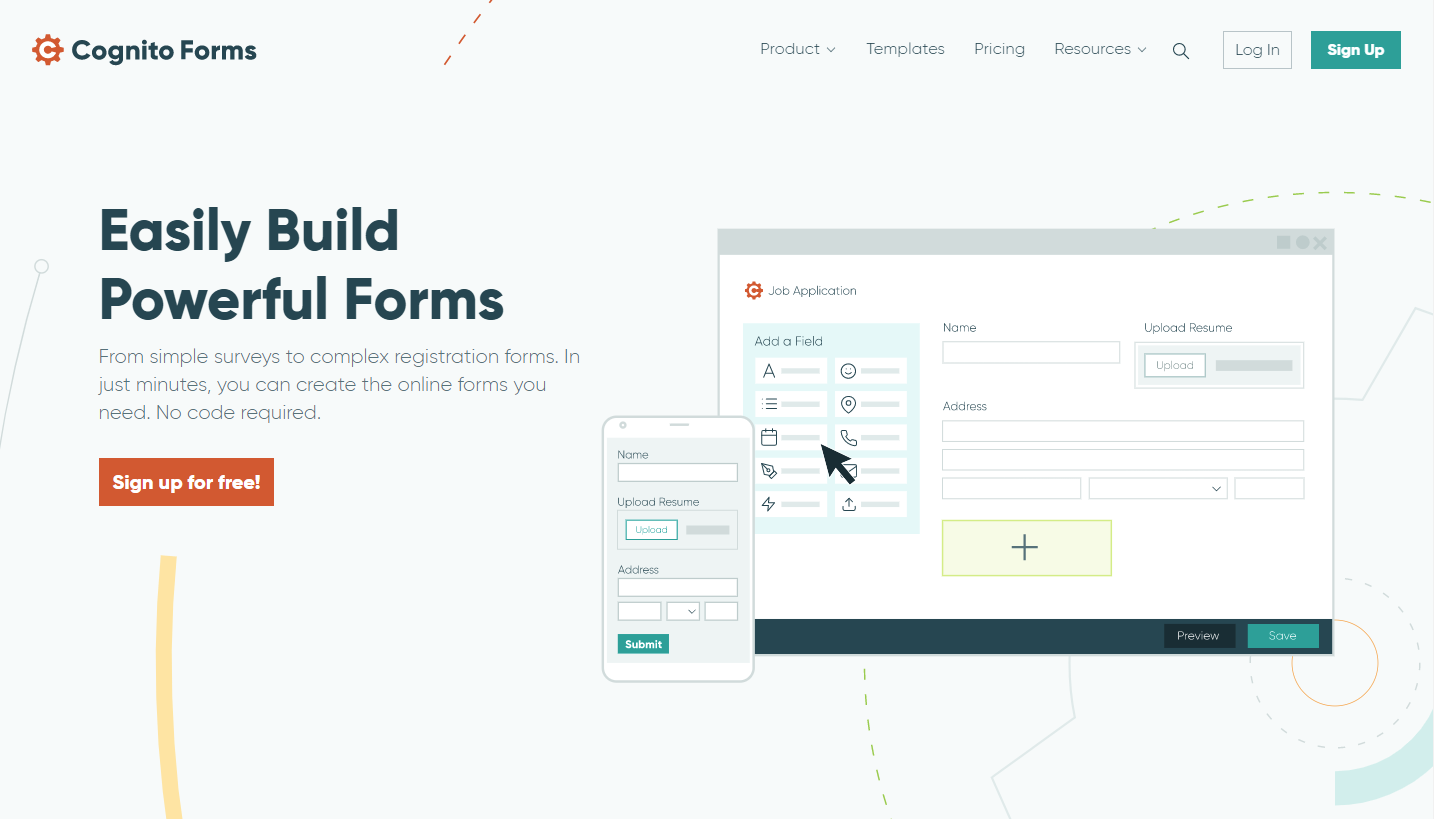 New Cognito Forms home page with the headline "Easily Build Powerful Forms" and a form creation preview.