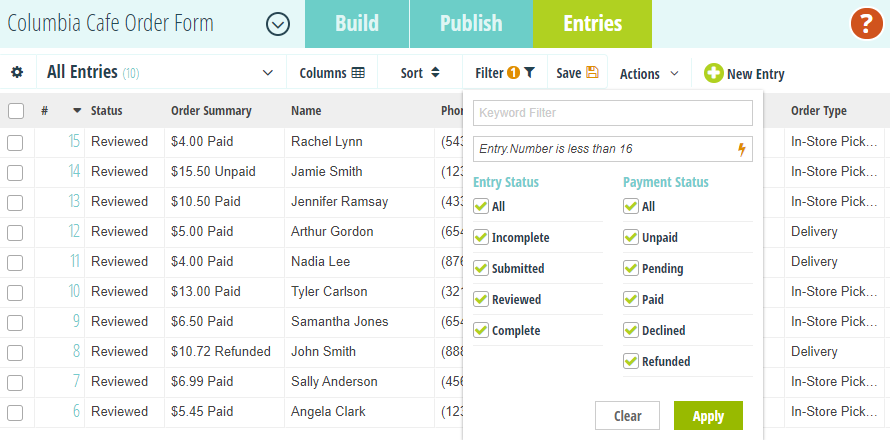 Create up to 16 views of your entry data.