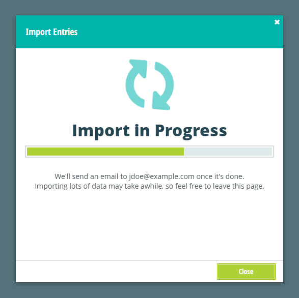 A dialog showing the progress of an import.