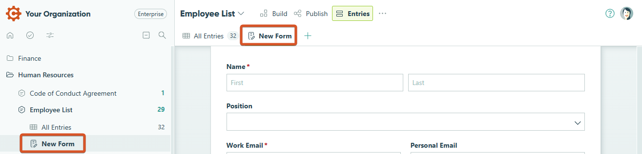 Click the form name in the sidebar to open the entry view list and select the form view.