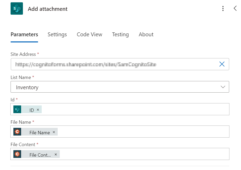 Select the SharePoint Add attachment action.