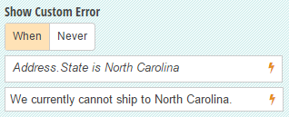 Showing an error message when a specific state is selected.