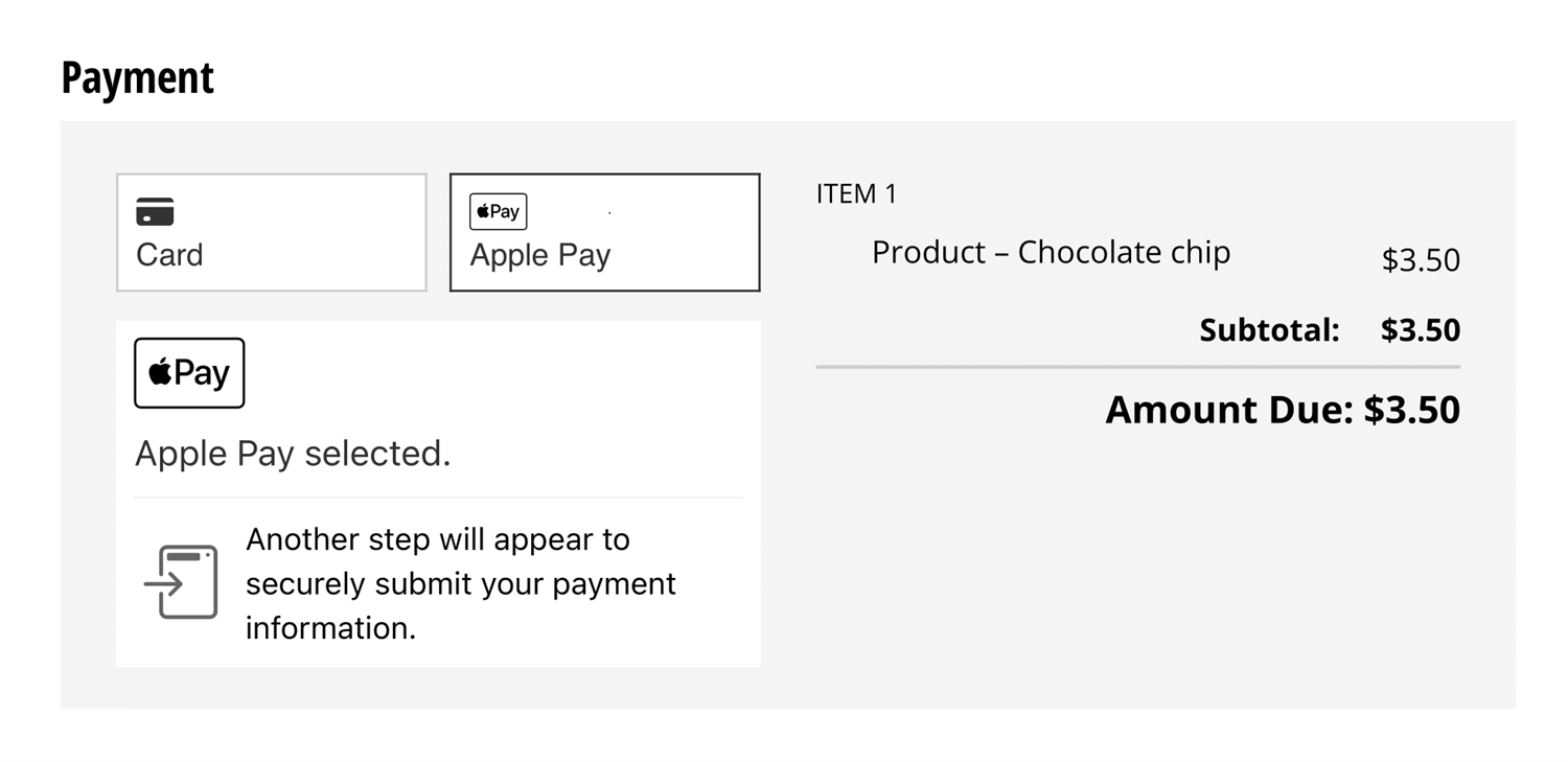 Customers can select Card or Apple Pay in the payment block.