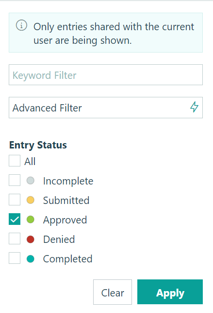 Filtering a grid view for entry status