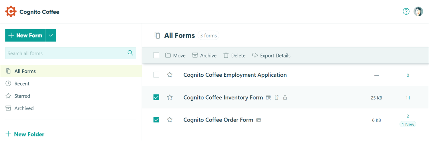 Select multiple forms to perform bulk actions.