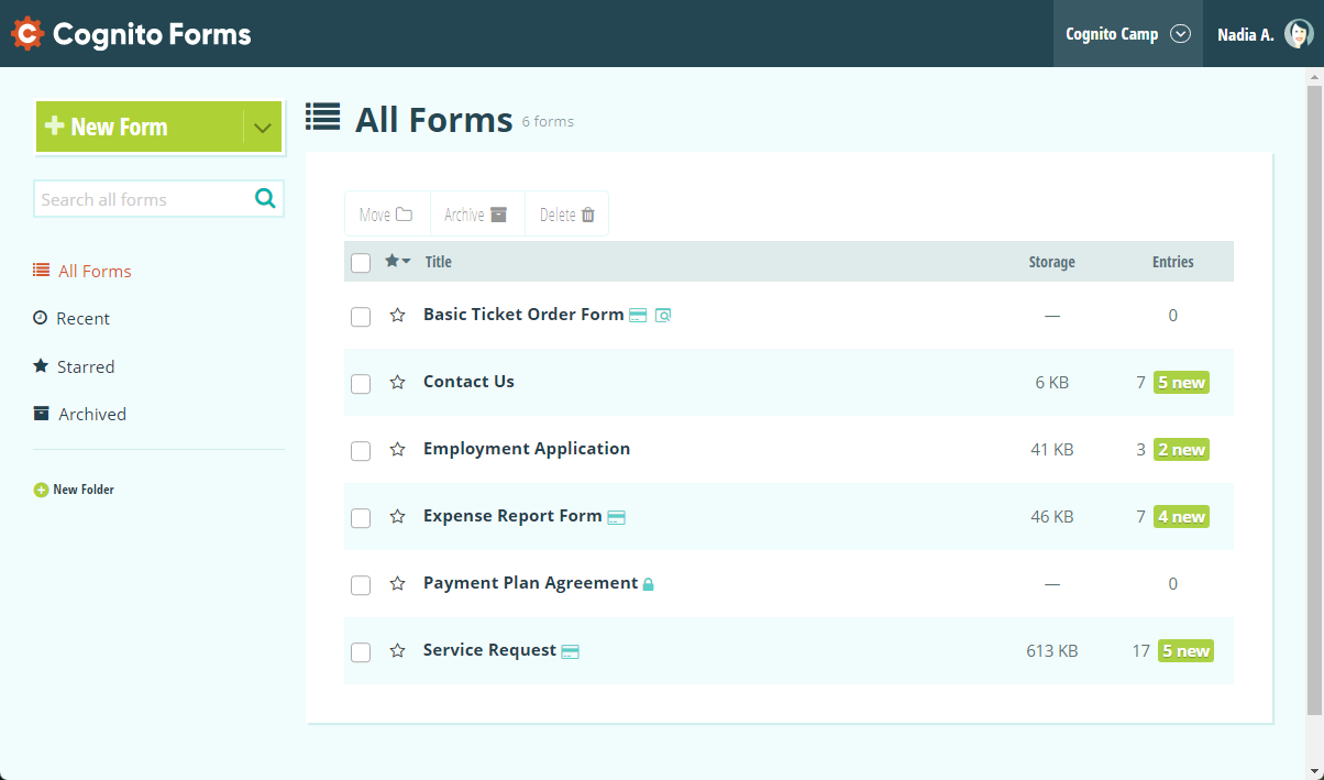 The forms home page.
