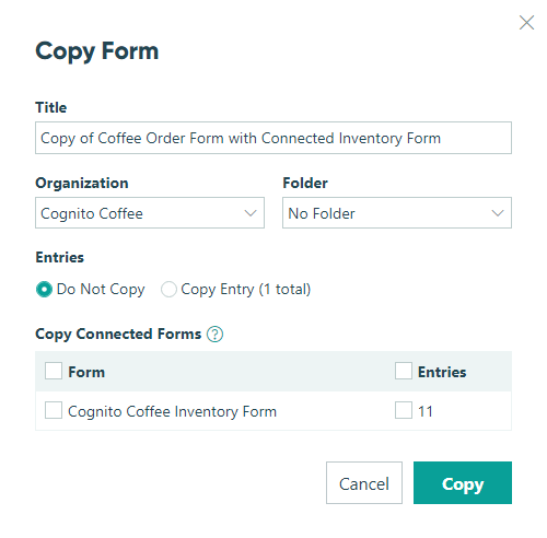 Use the Copy Form dialog to configure your copied form.