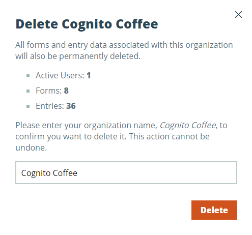 Confirm to delete your organization.
