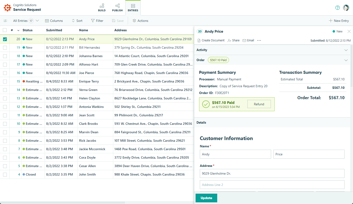 How to manage form entries using sort and filter options.