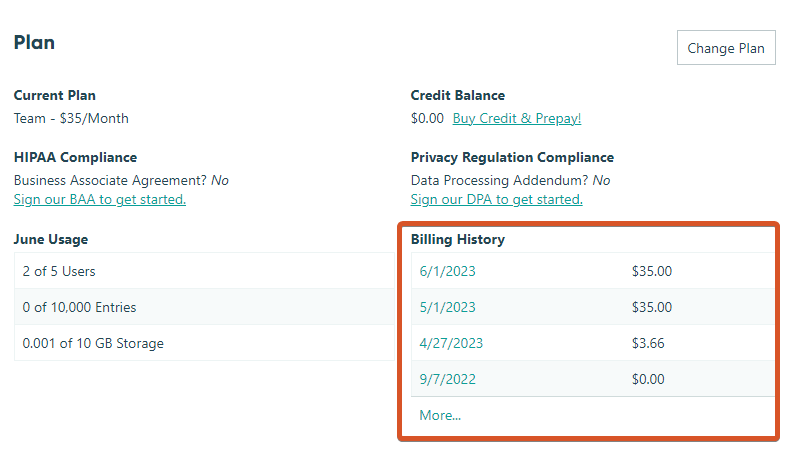 View your organization's billing history from the Plan section of your organization's settings page.
