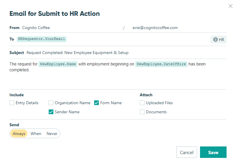 Send HR an email when Submit to HR action is performed.