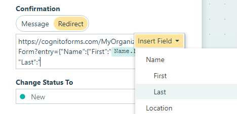 Insert field values into the Redirect url.
