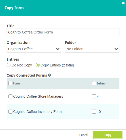 Use the Copy Form dialog to configure your copied form.