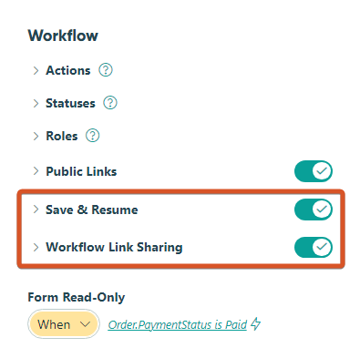 Save & Resume and Workflow Link Sharing are now in the Workflow menu.