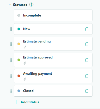 Statuses included in a Service Request workflow.