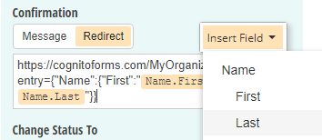 Insert field values into the Redirect url.
